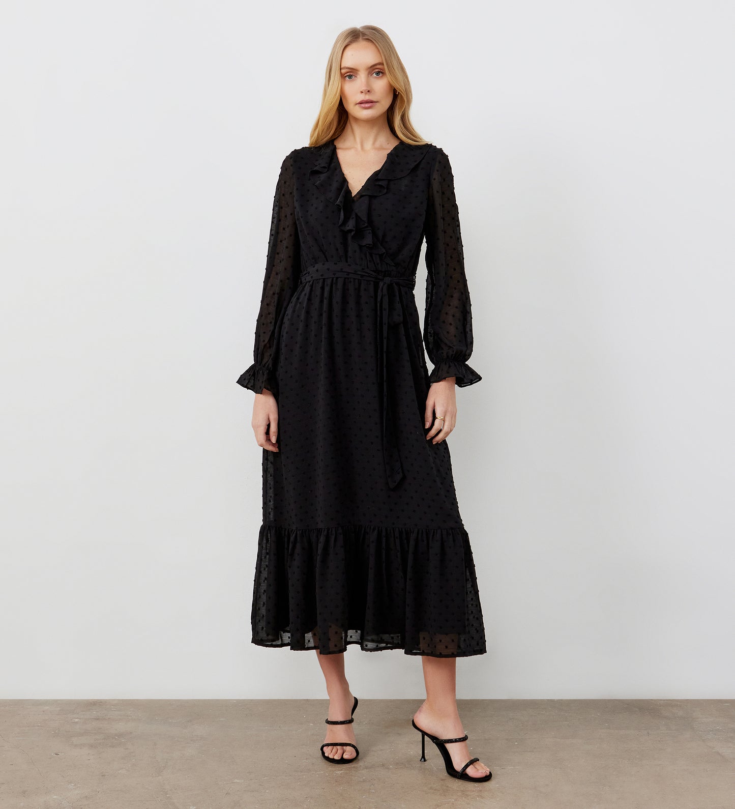 Rosalie Black Chiffon Midi Wrap Dress – Finery London