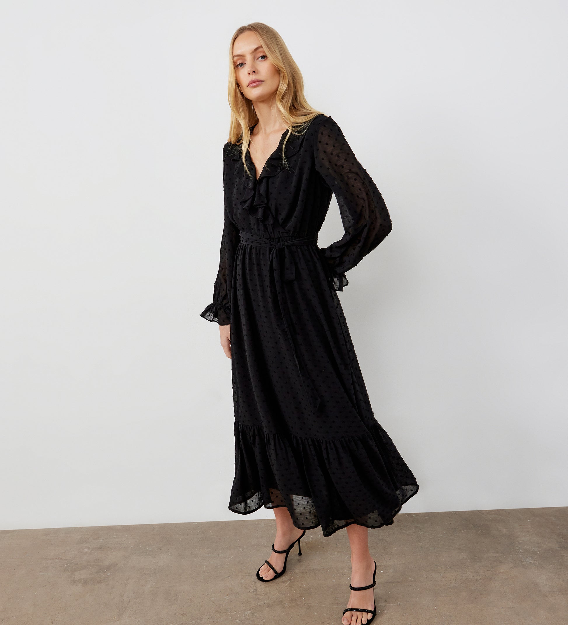 Rosalie Black Chiffon Midi Wrap Dress – Finery London