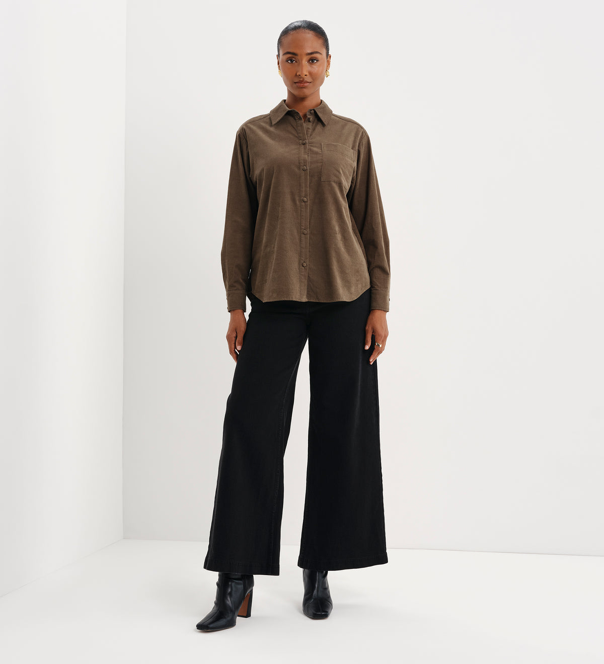 Raquel Khaki Corduroy Button-Through Oversized Shirt
