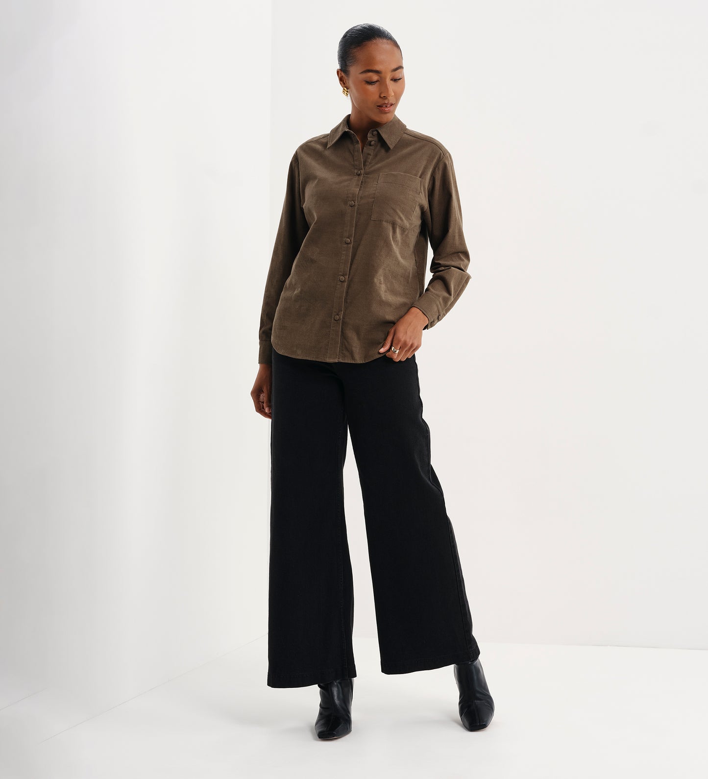 Raquel Khaki Corduroy Button-Through Oversized Shirt