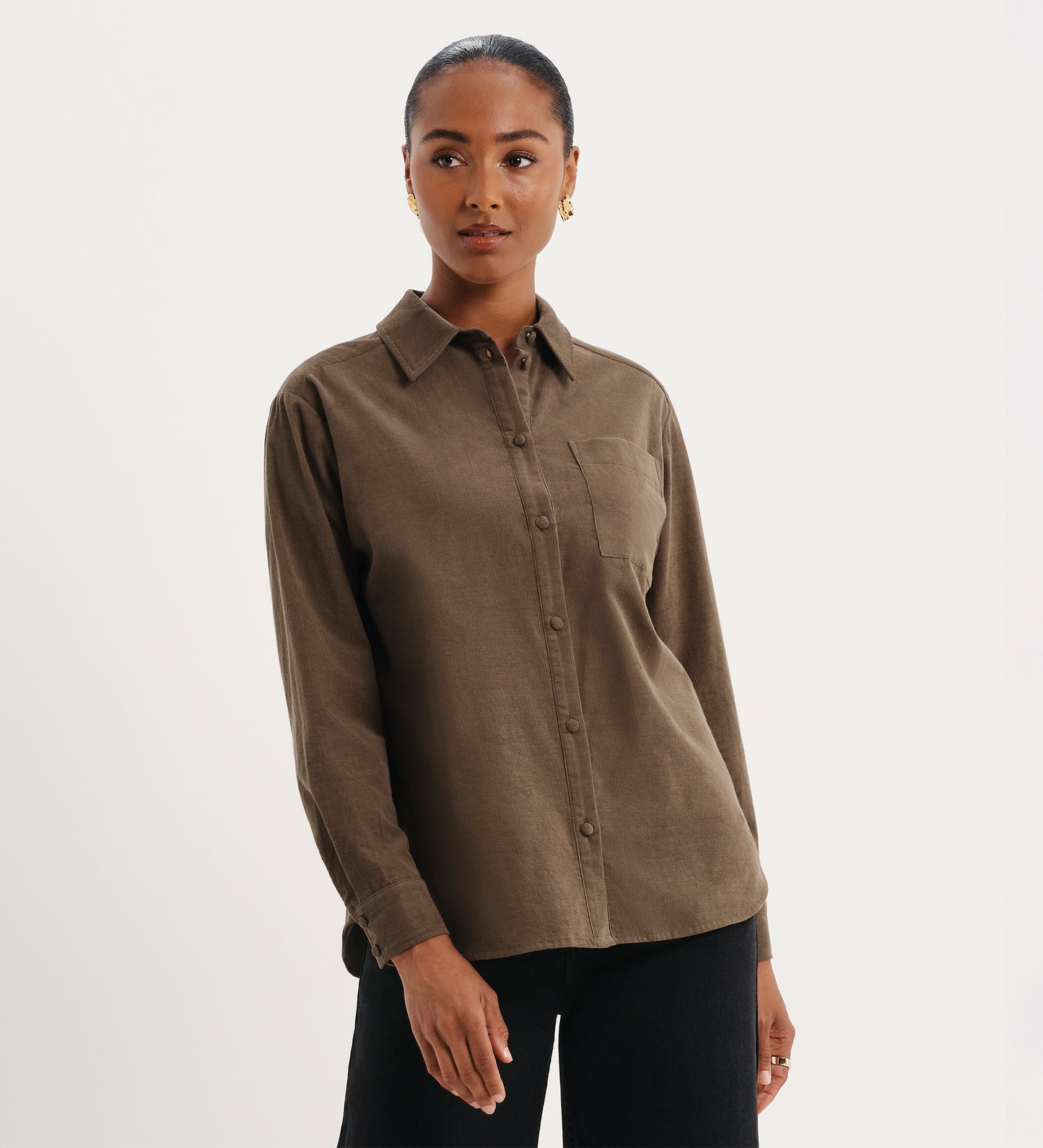 Raquel Khaki Corduroy Button-Through Oversized Shirt
