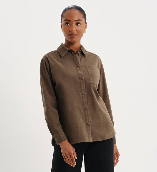 Raquel Khaki Corduroy Button-Through Oversized Shirt