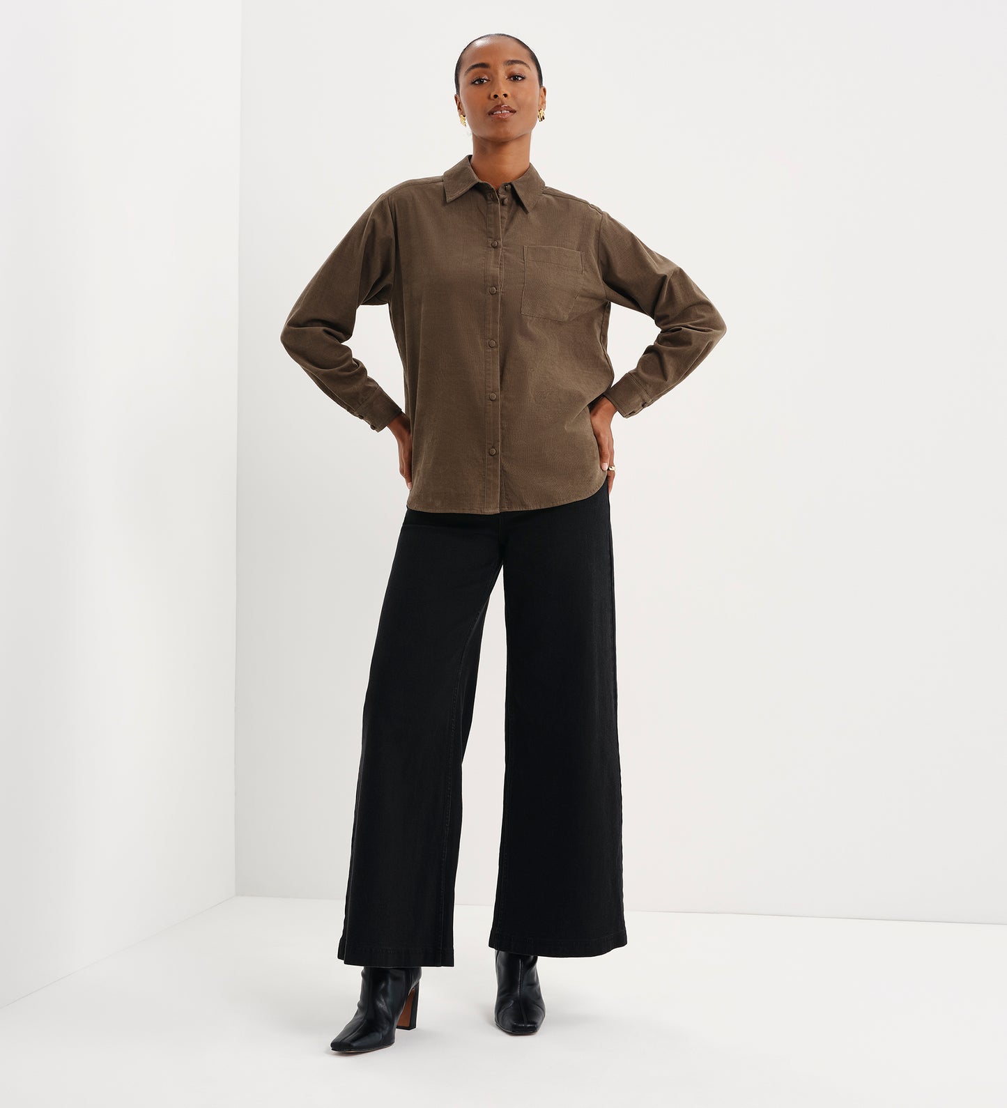 Raquel Khaki Corduroy Button-Through Oversized Shirt