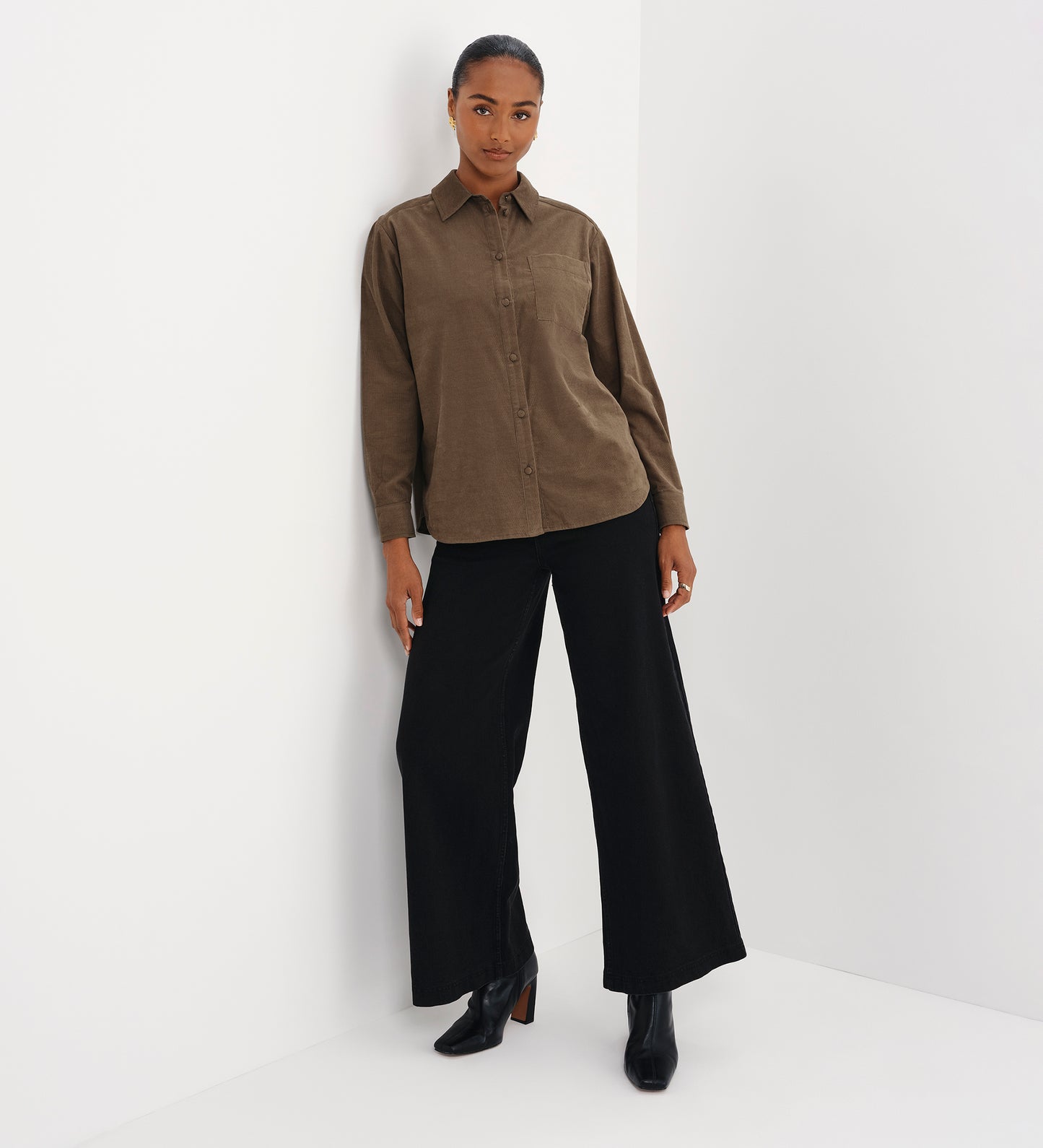 Raquel Khaki Corduroy Button-Through Oversized Shirt