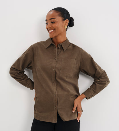 Raquel Khaki Corduroy Button-Through Oversized Shirt
