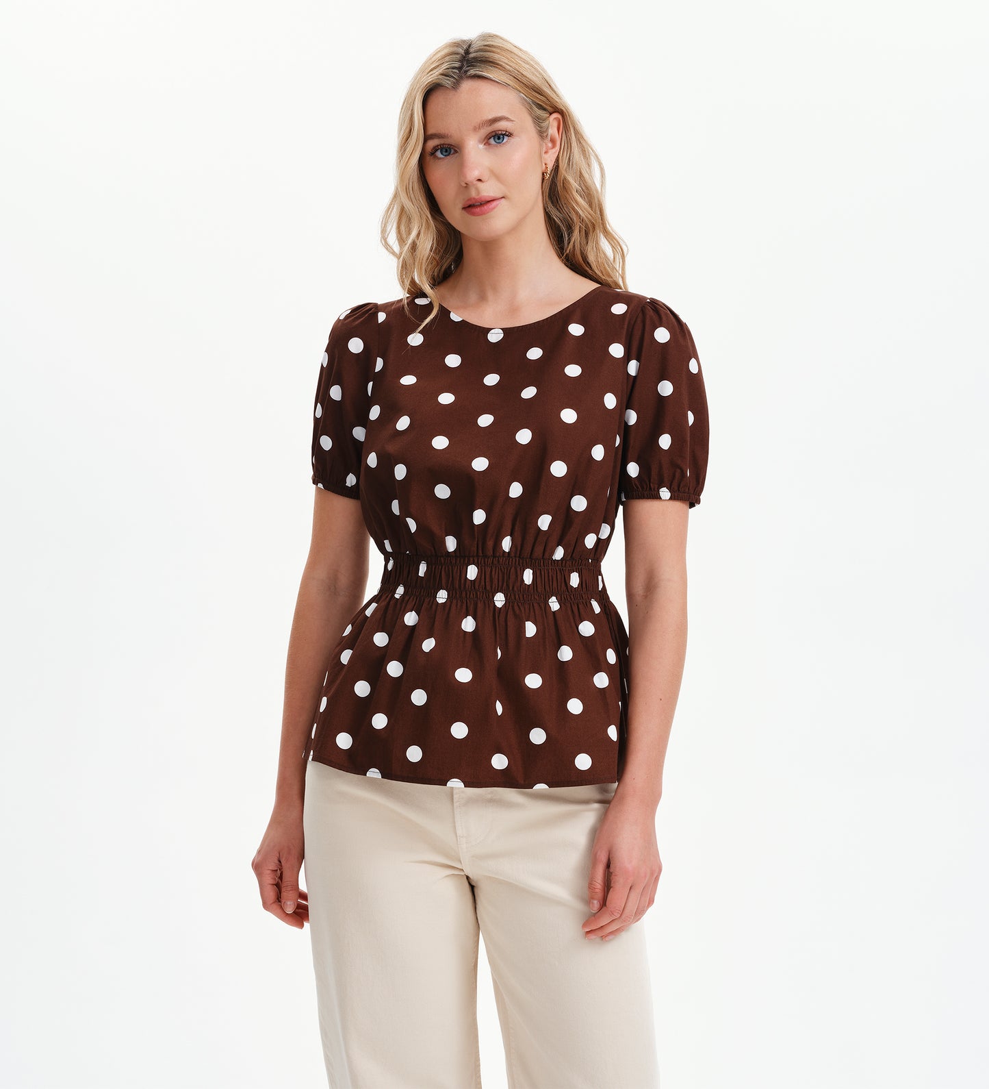 Raya Brown Polka Dot Cotton Puff Sleeve Elasticated Waist Top