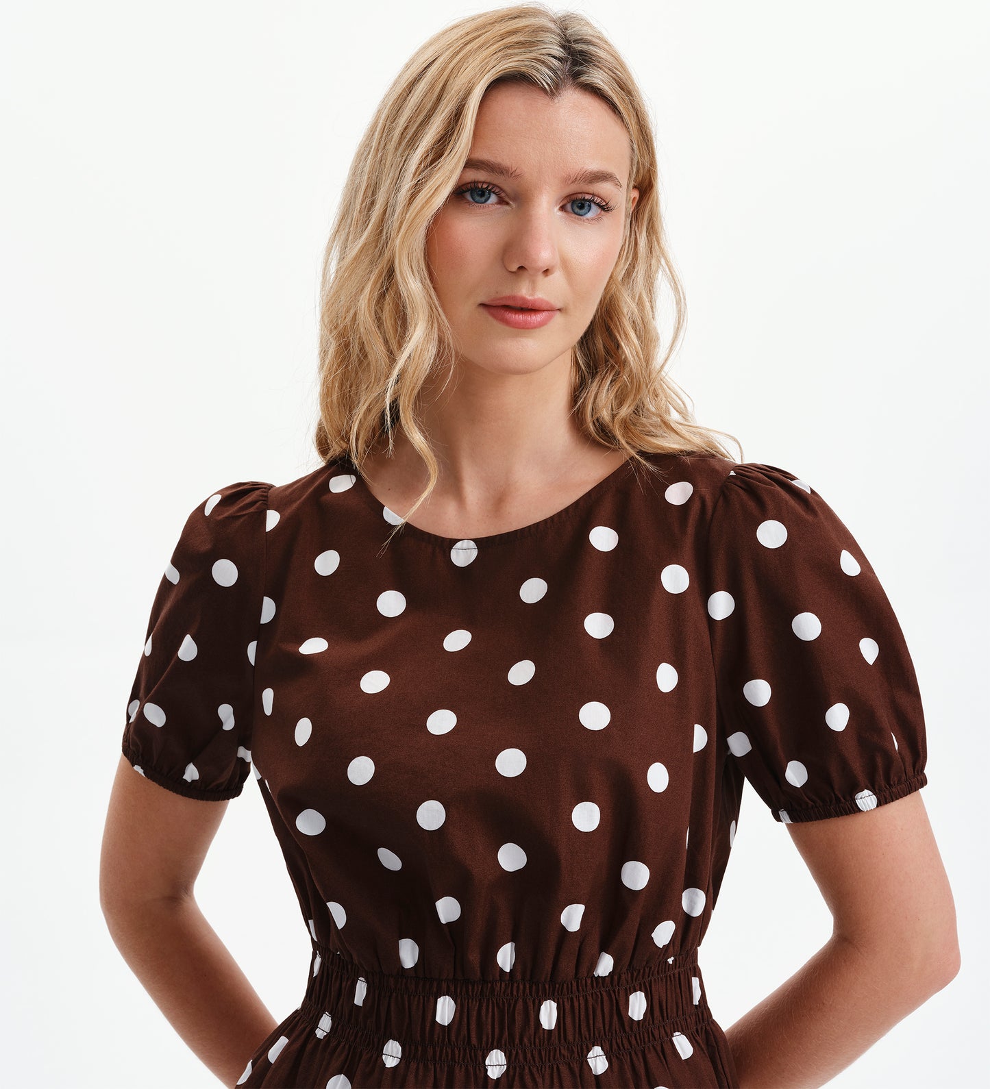 Raya Brown Polka Dot Cotton Puff Sleeve Elasticated Waist Top