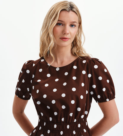 Raya Brown Polka Dot Cotton Puff Sleeve Elasticated Waist Top