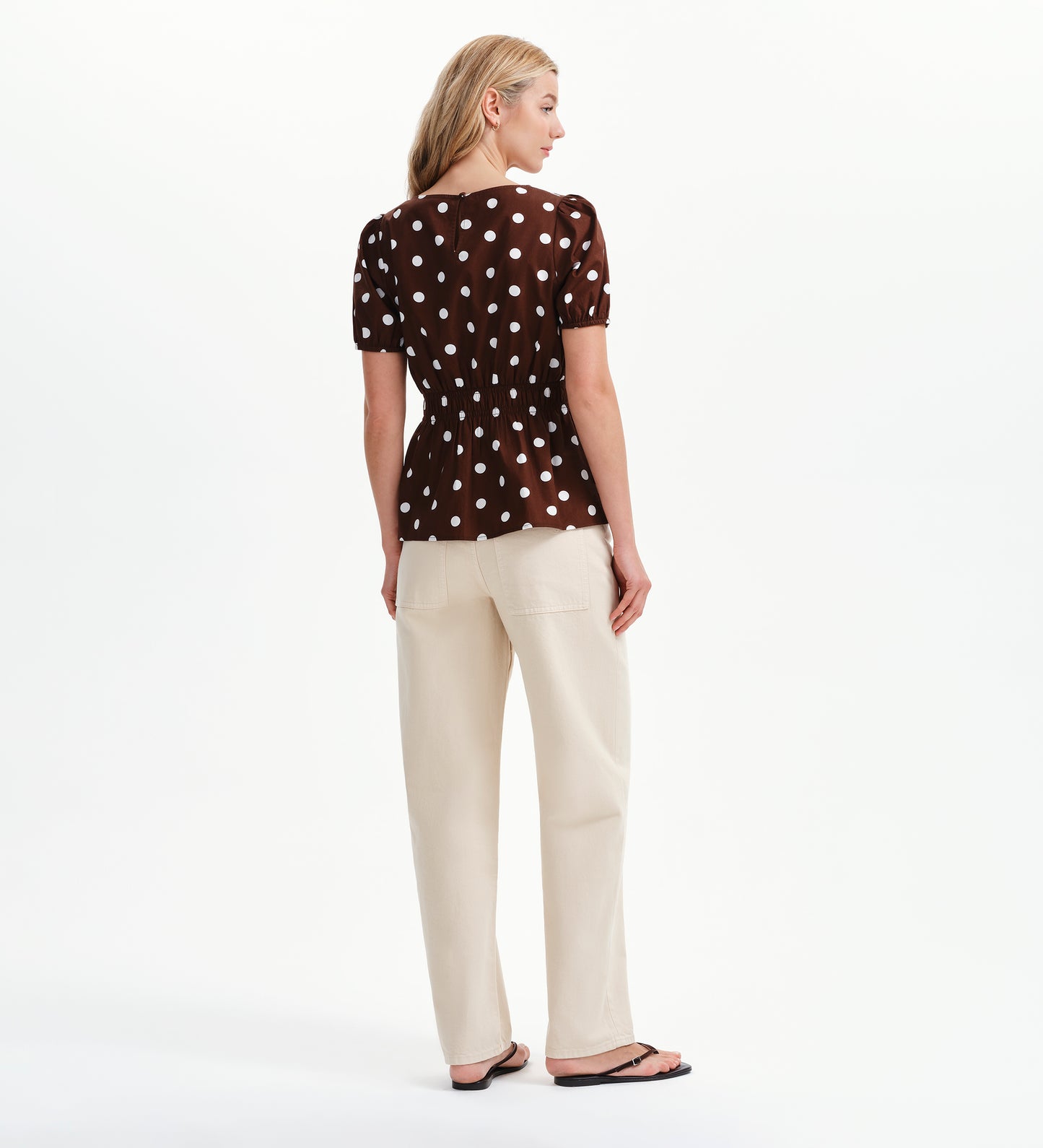 Raya Brown Polka Dot Cotton Puff Sleeve Elasticated Waist Top