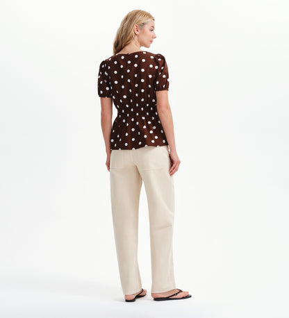 Raya Brown Polka Dot Cotton Puff Sleeve Elasticated Waist Top
