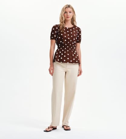 Raya Brown Polka Dot Cotton Puff Sleeve Elasticated Waist Top