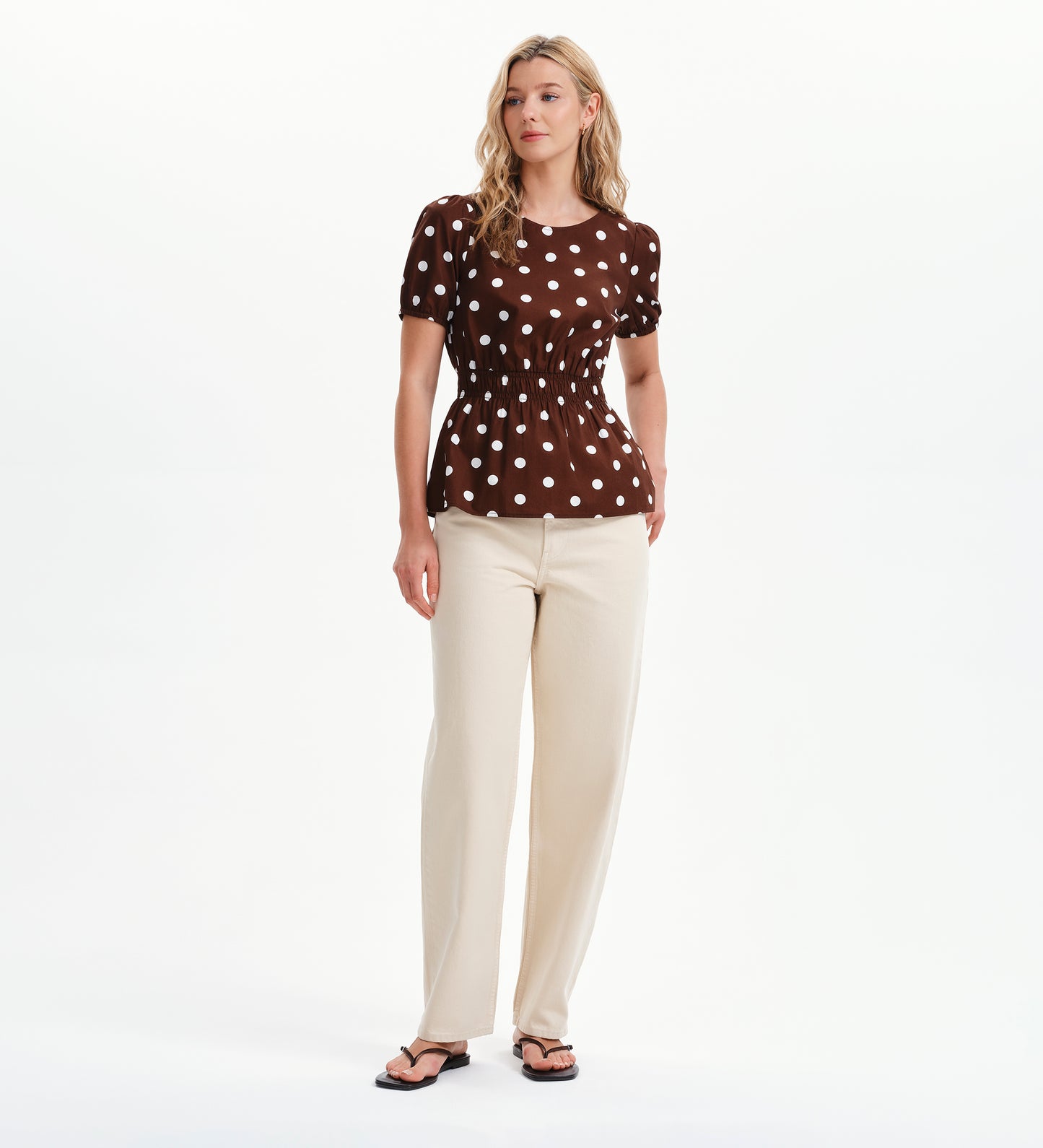 Raya Brown Polka Dot Cotton Puff Sleeve Elasticated Waist Top
