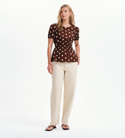 Raya Brown Polka Dot Cotton Puff Sleeve Elasticated Waist Top