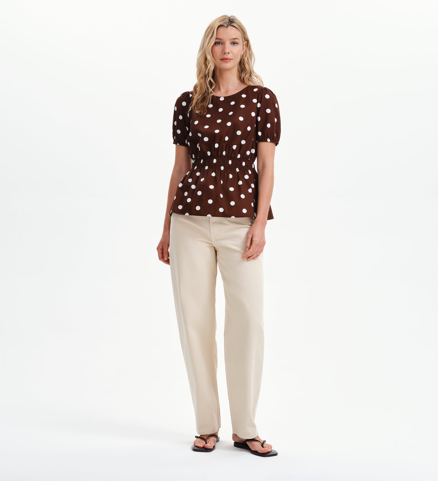 Raya Brown Polka Dot Cotton Puff Sleeve Elasticated Waist Top