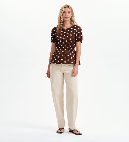 Raya Brown Polka Dot Cotton Puff Sleeve Elasticated Waist Top