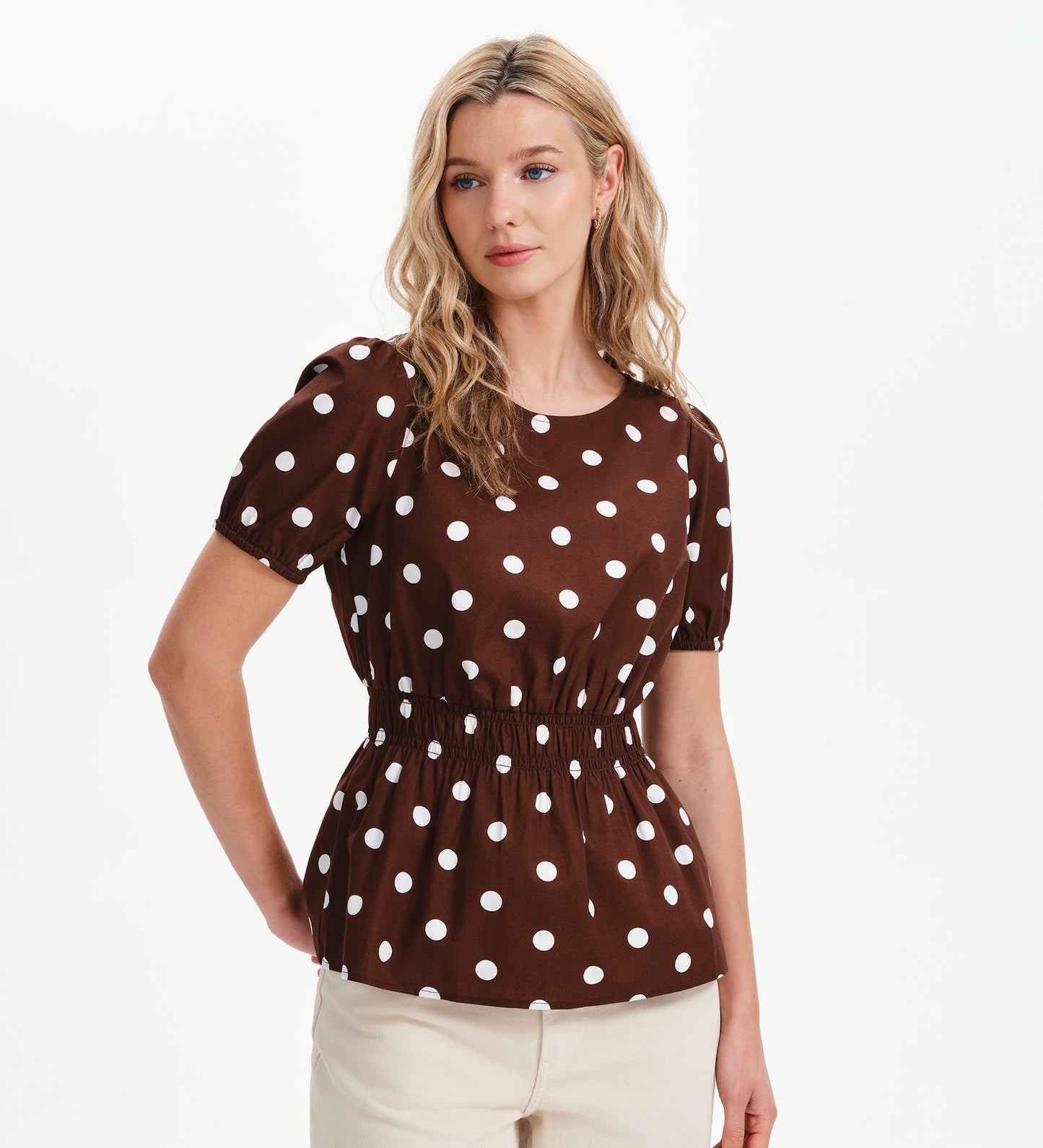 Raya Brown Polka Dot Cotton Puff Sleeve Elasticated Waist Top
