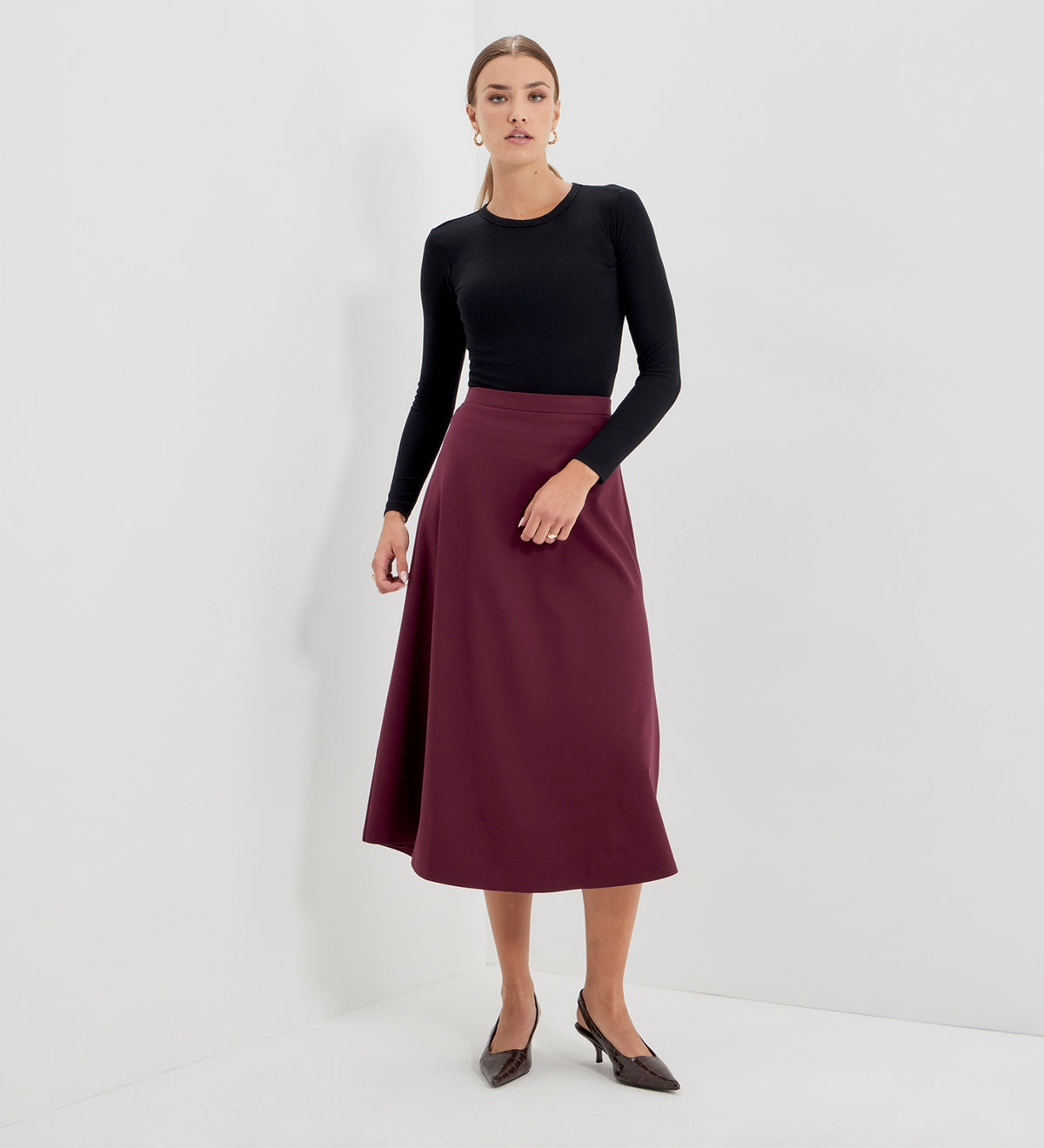 Ruth Burgundy Ponte Jersey A-Line Midi Skirt