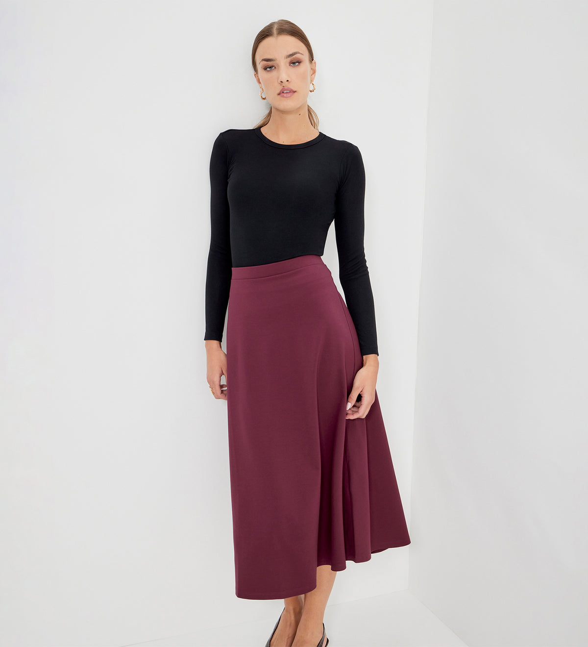 Ruth Burgundy Ponte Jersey A-Line Midi Skirt