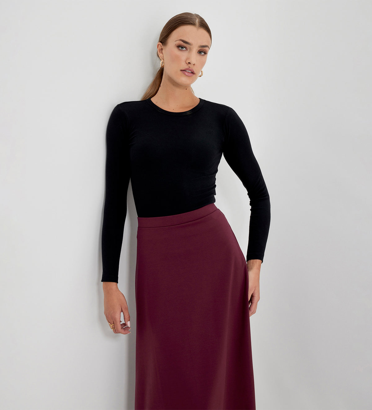 Ruth Burgundy Ponte Jersey A-Line Midi Skirt