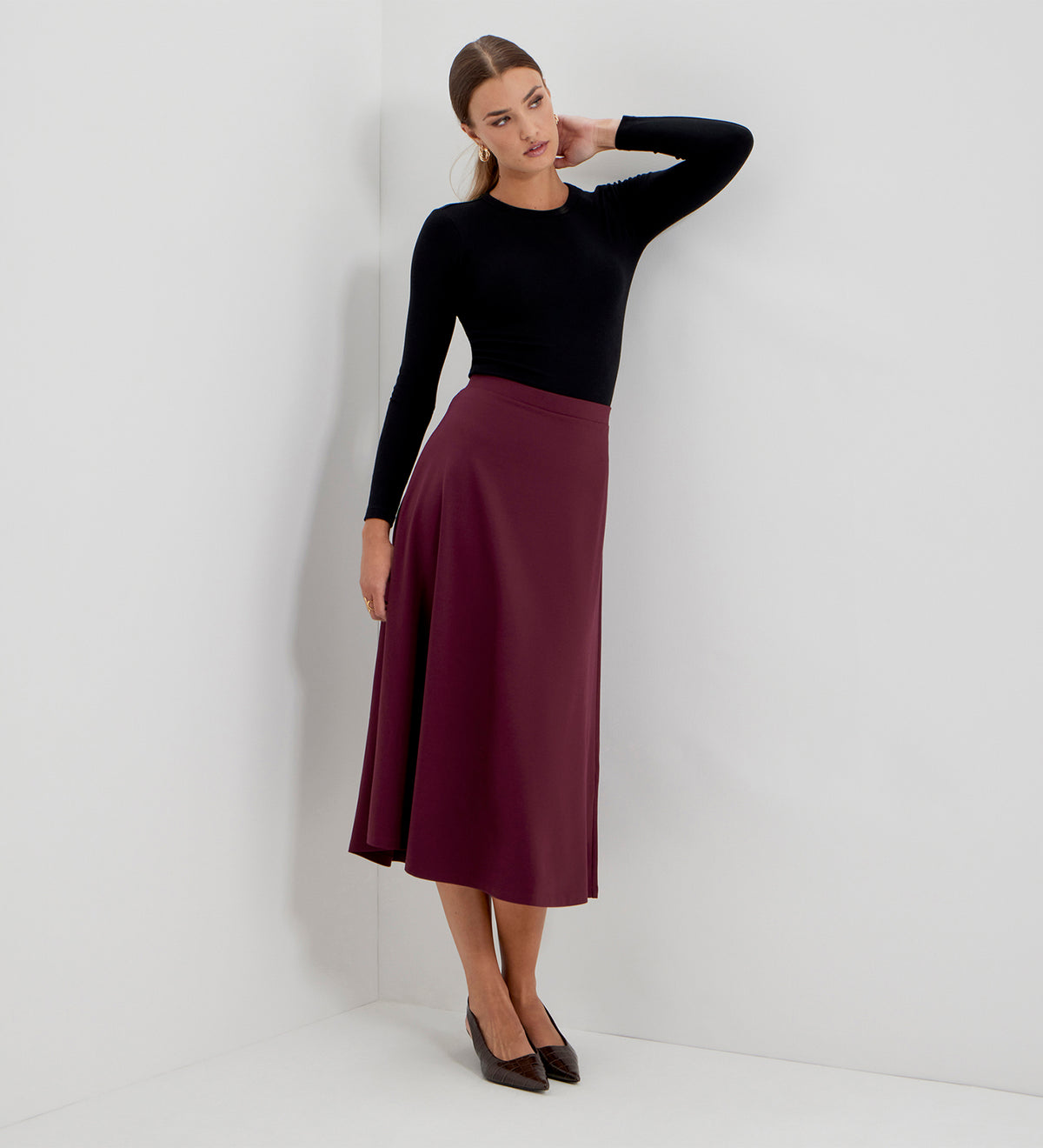 Ruth Burgundy Ponte Jersey A-Line Midi Skirt