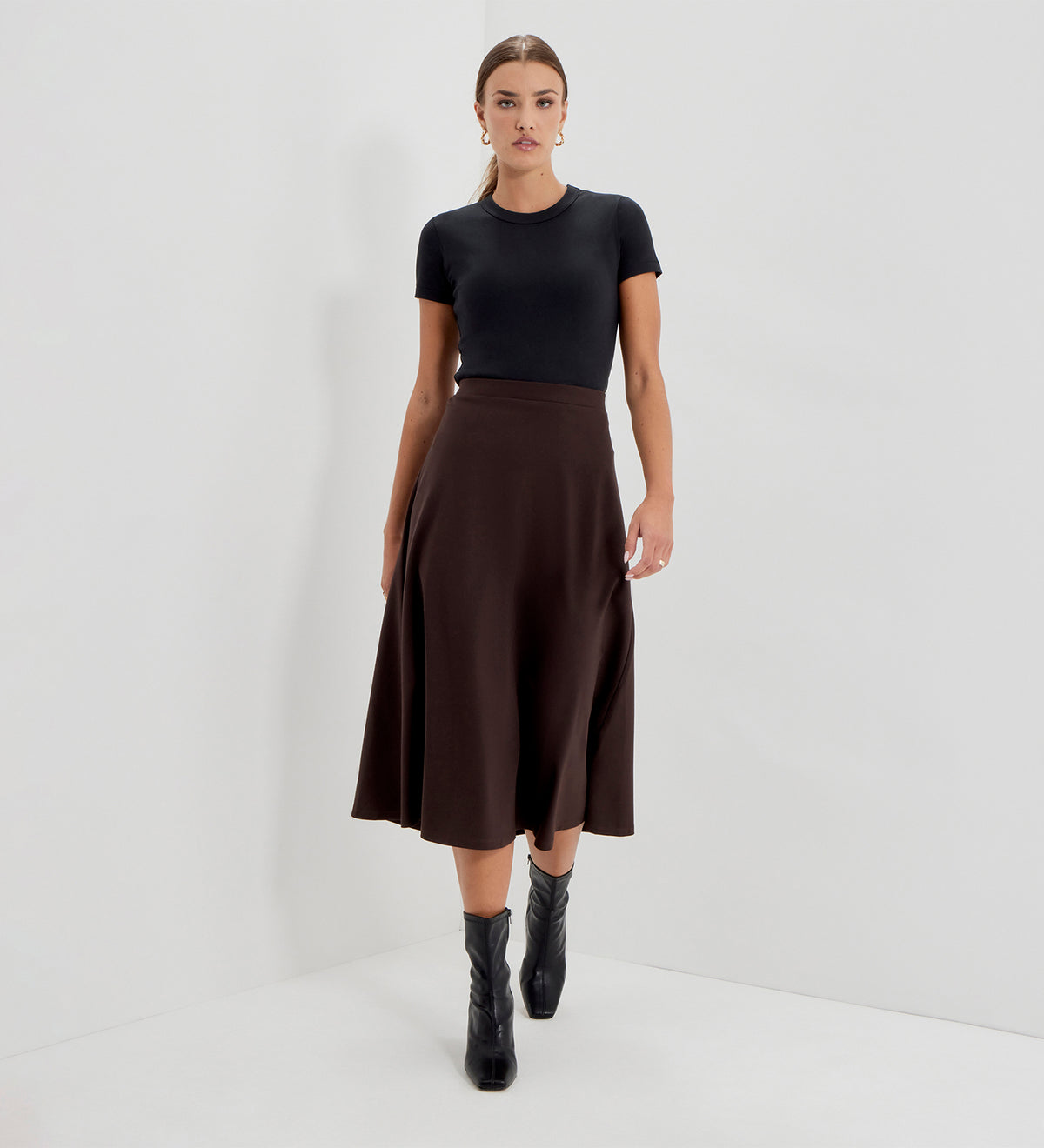 Ruth Chocolate Ponte Jersey A-Line Midi Skirt