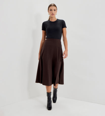 Ruth Chocolate Ponte Jersey A-Line Midi Skirt