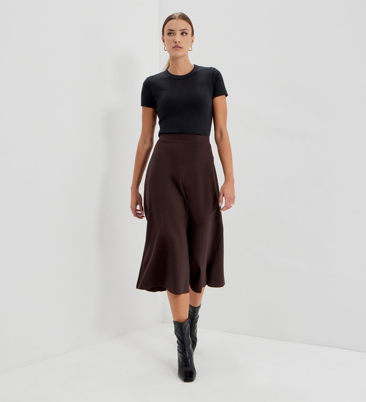 Ruth Chocolate Ponte Jersey A-Line Midi Skirt