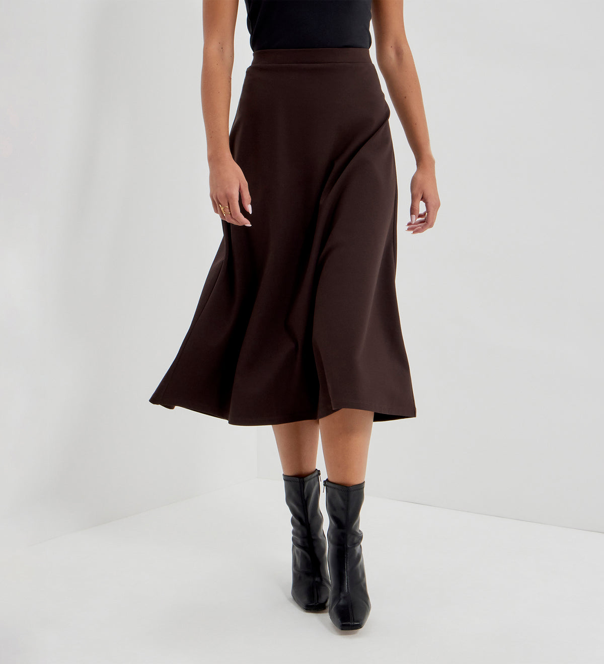 Ruth Chocolate Ponte Jersey A-Line Midi Skirt
