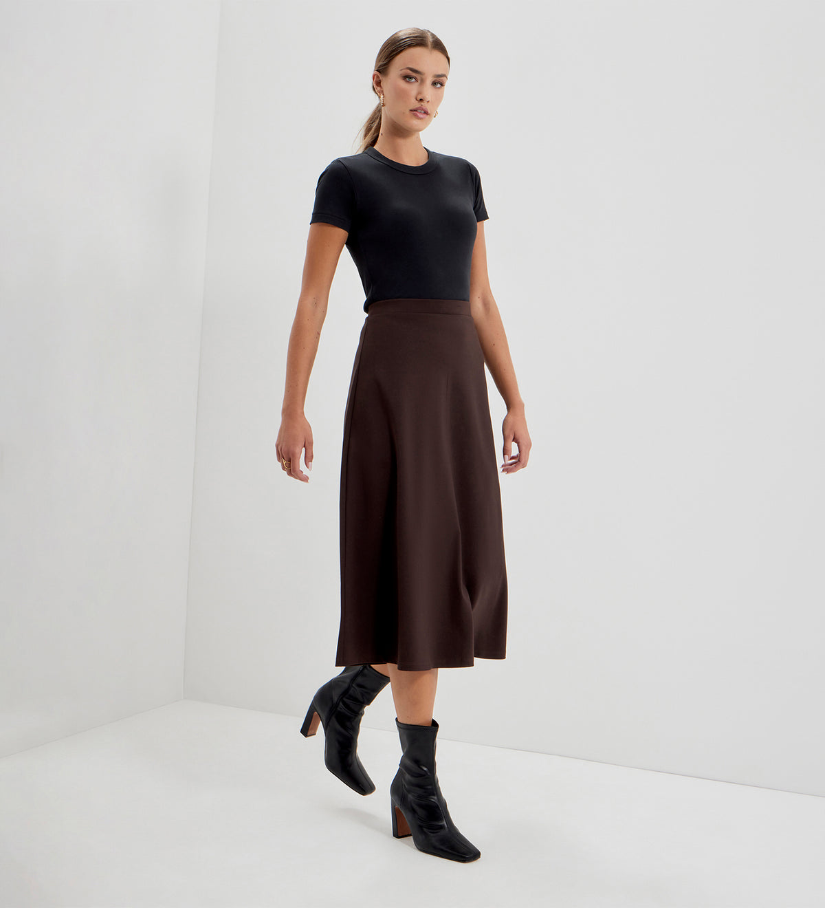 Ruth Chocolate Ponte Jersey A-Line Midi Skirt