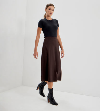 Ruth Chocolate Ponte Jersey A-Line Midi Skirt