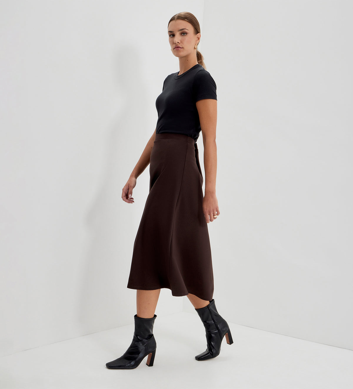 Ruth Chocolate Ponte Jersey A-Line Midi Skirt