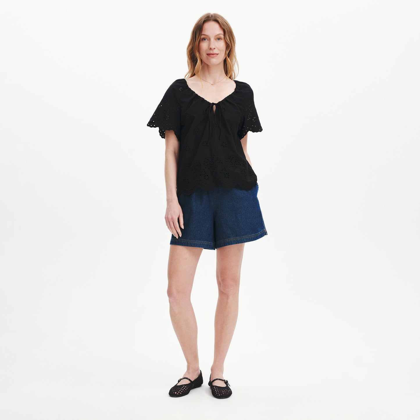 Ruthie Black Floral Embroidered Cotton Tie Neck Top