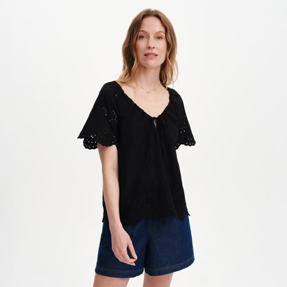 Ruthie Black Floral Embroidered Cotton Tie Neck Top