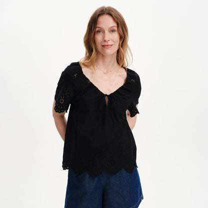 Ruthie Black Floral Embroidered Cotton Tie Neck Top
