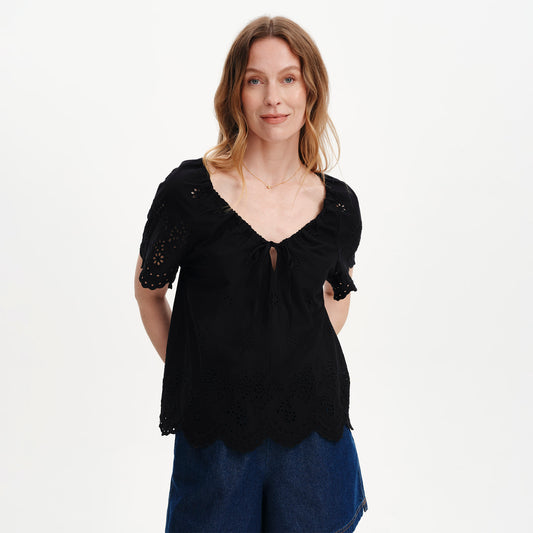 Ruthie Black Floral Embroidered Cotton Tie Neck Top