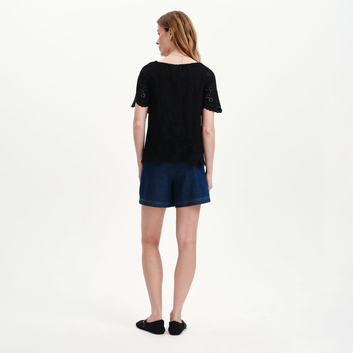Ruthie Black Floral Embroidered Cotton Tie Neck Top
