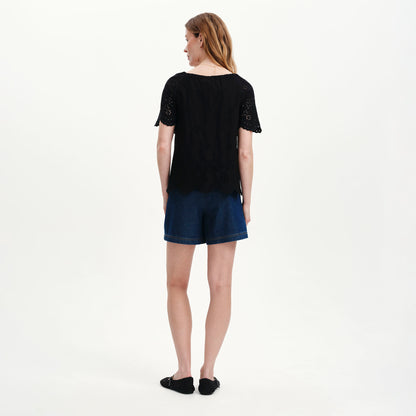 Ruthie Black Floral Embroidered Cotton Tie Neck Top