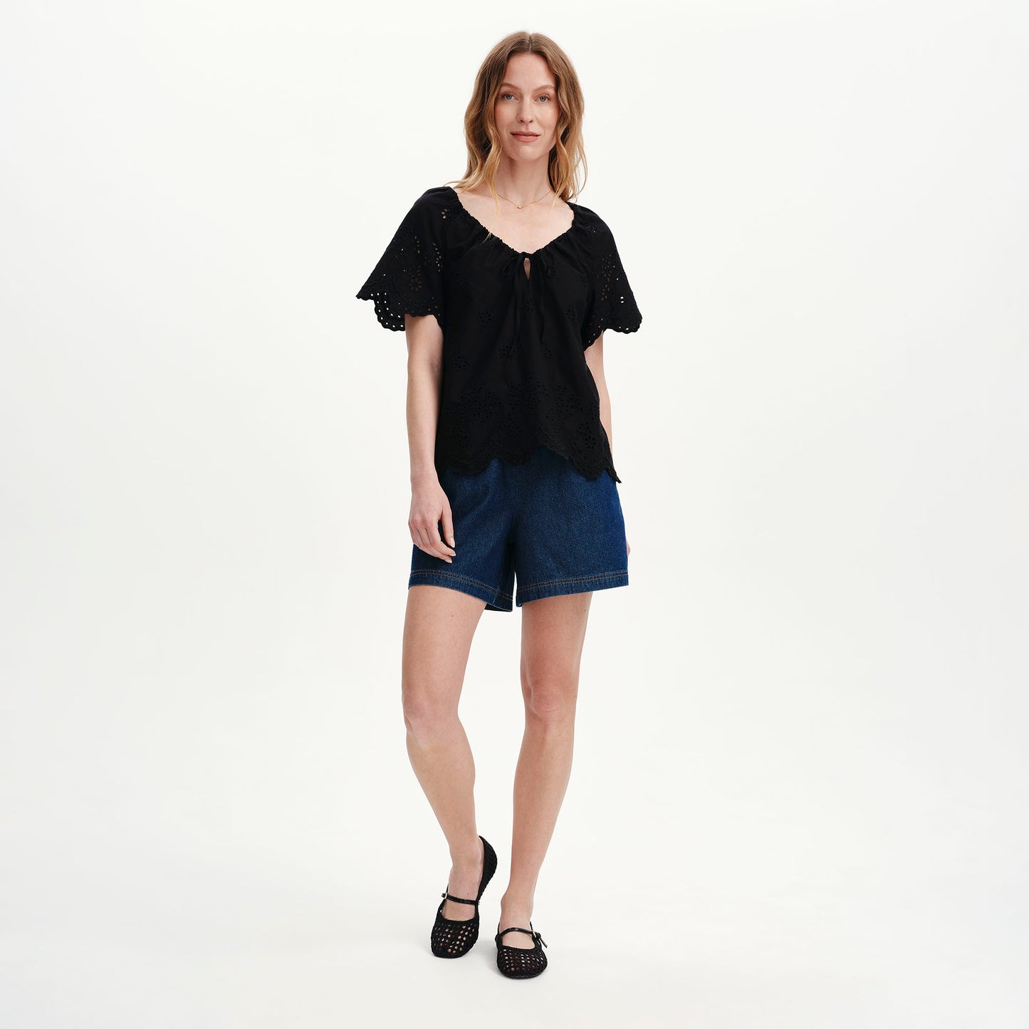 Ruthie Black Floral Embroidered Cotton Tie Neck Top
