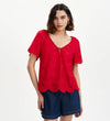 Ruthie Red Floral Broderie Cotton Tie Neck Top
