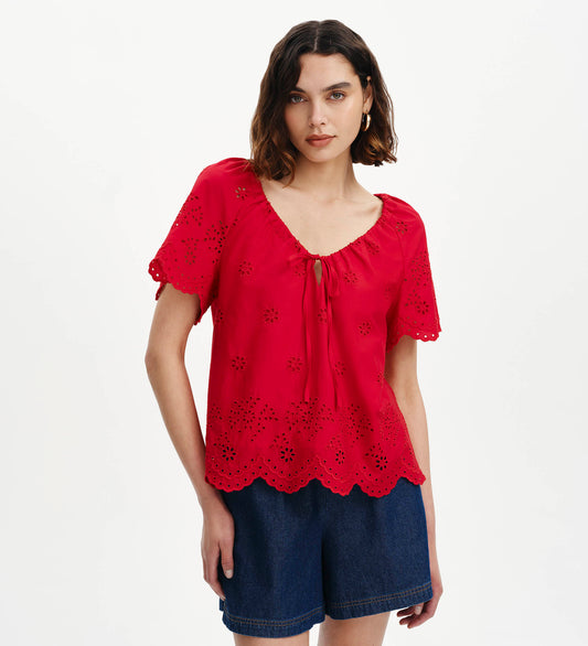 Ruthie Red Floral Broderie Cotton Tie Neck Top