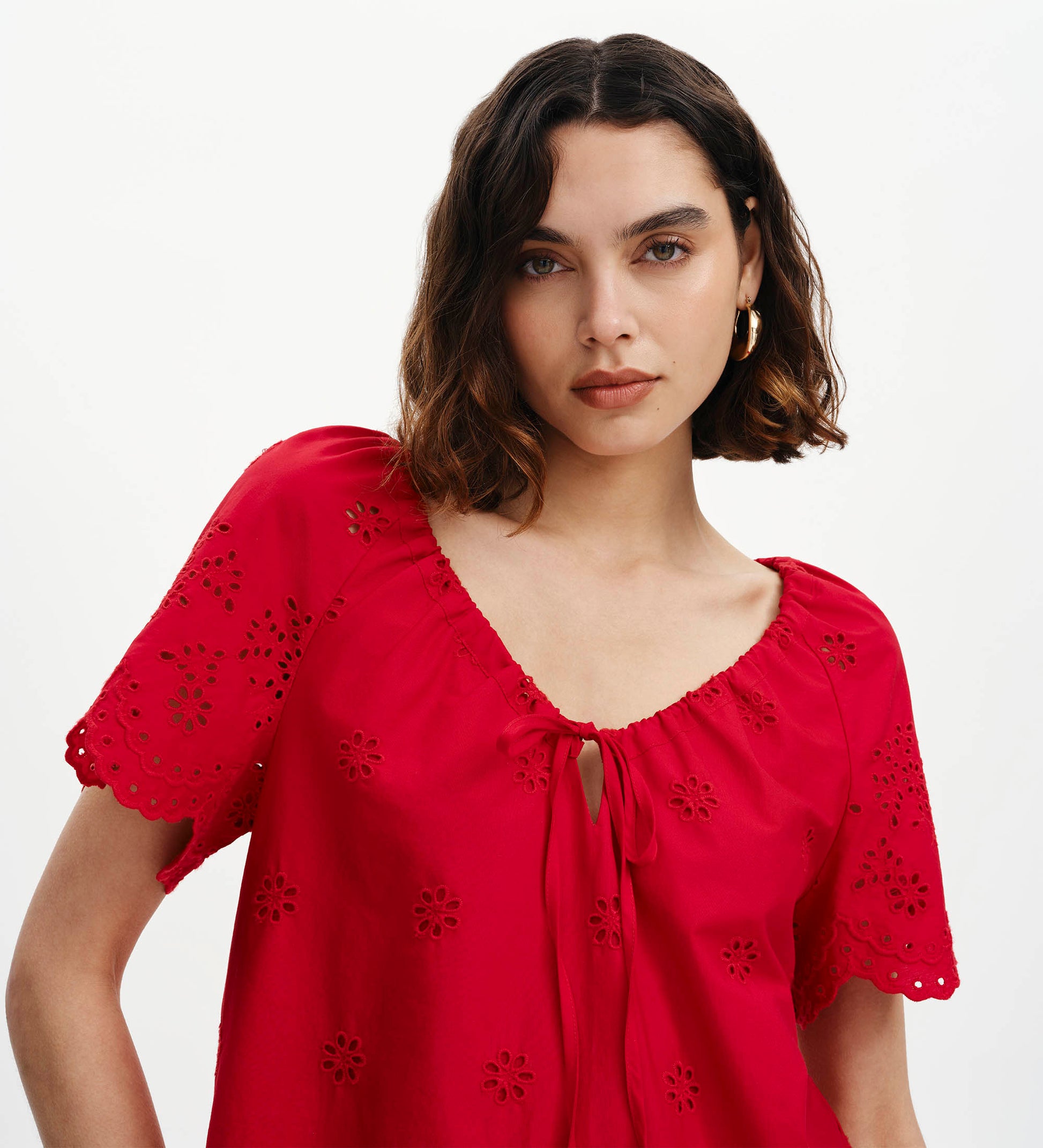 Ruthie Red Floral Broderie Cotton Tie Neck Top