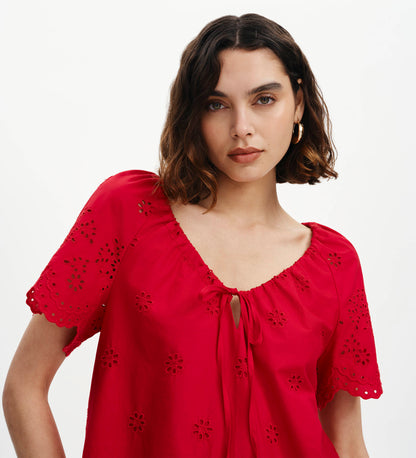 Ruthie Red Floral Broderie Cotton Tie Neck Top