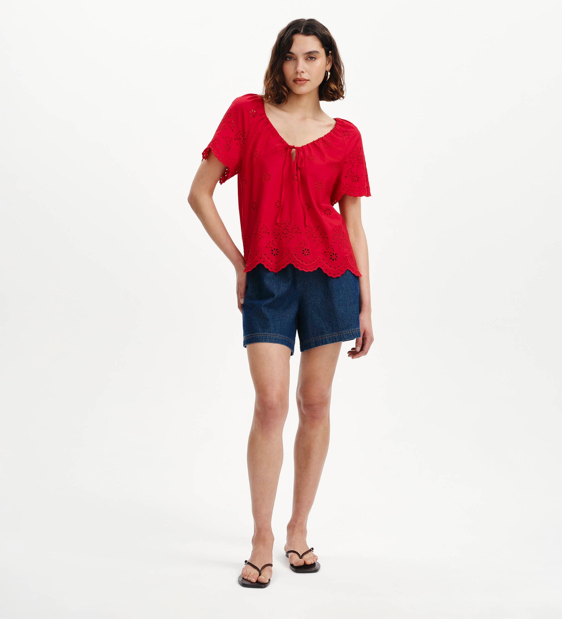 Ruthie Red Floral Broderie Cotton Tie Neck Top