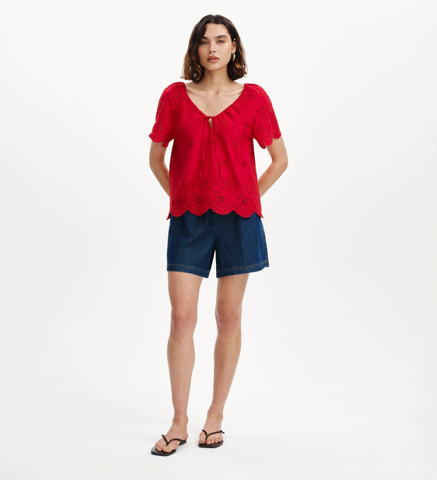 Ruthie Red Floral Broderie Cotton Tie Neck Top