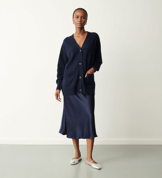 Evelyn Navy Satin Midi Skirt