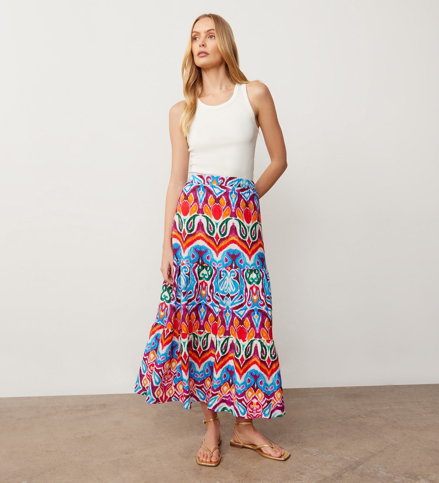 Sophia Orange Paisley Linen Blend Midi Skirt