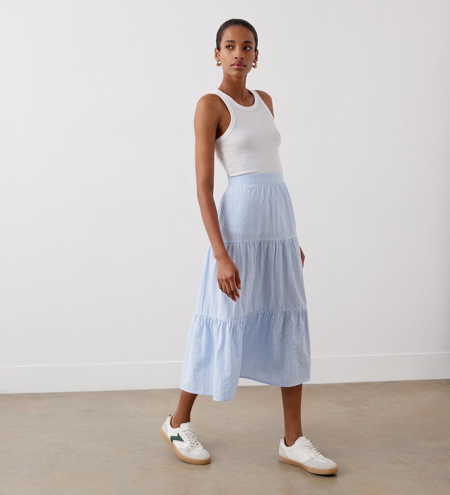 Esha Blue Stripe Tiered Cotton Midi Skirt Finery UK