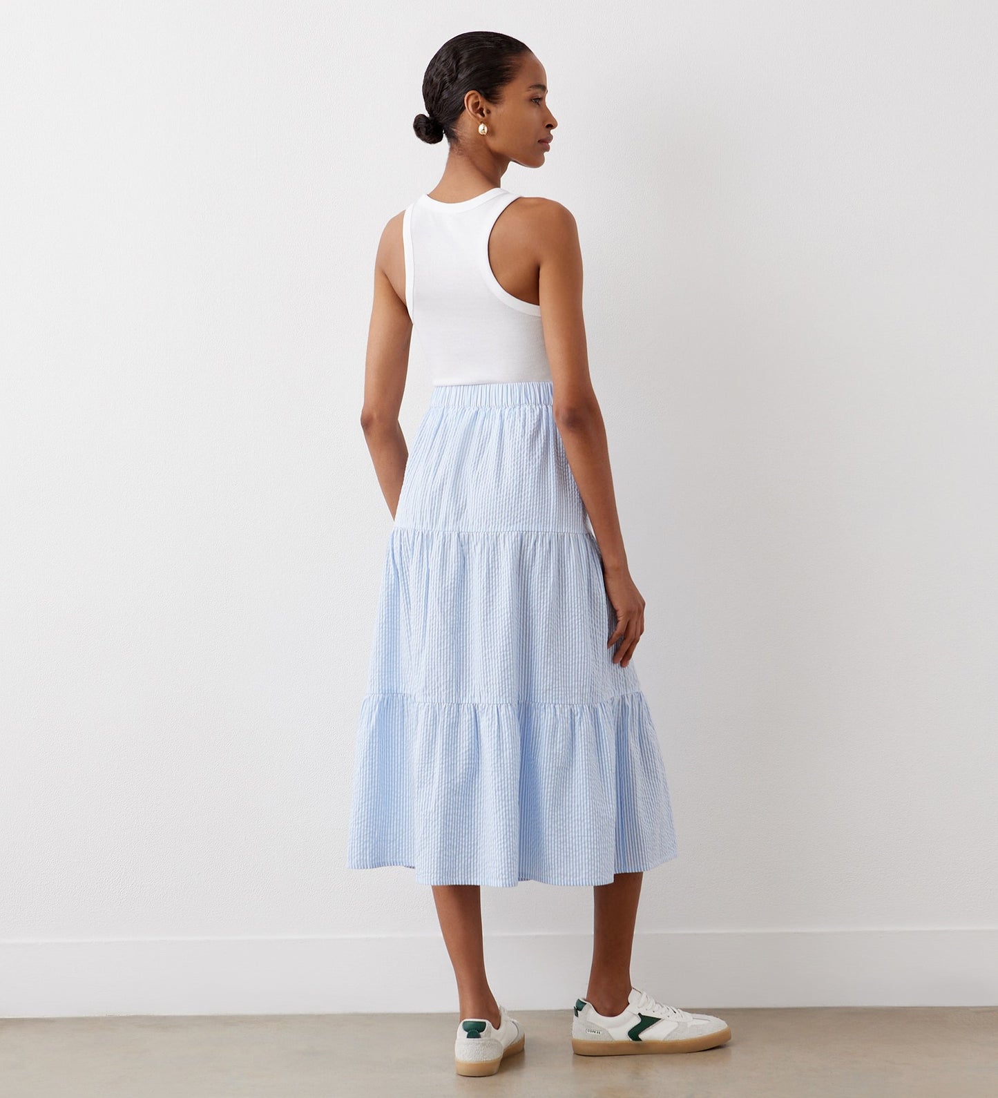 Esha Blue Stripe Tiered Cotton Midi Skirt Finery UK