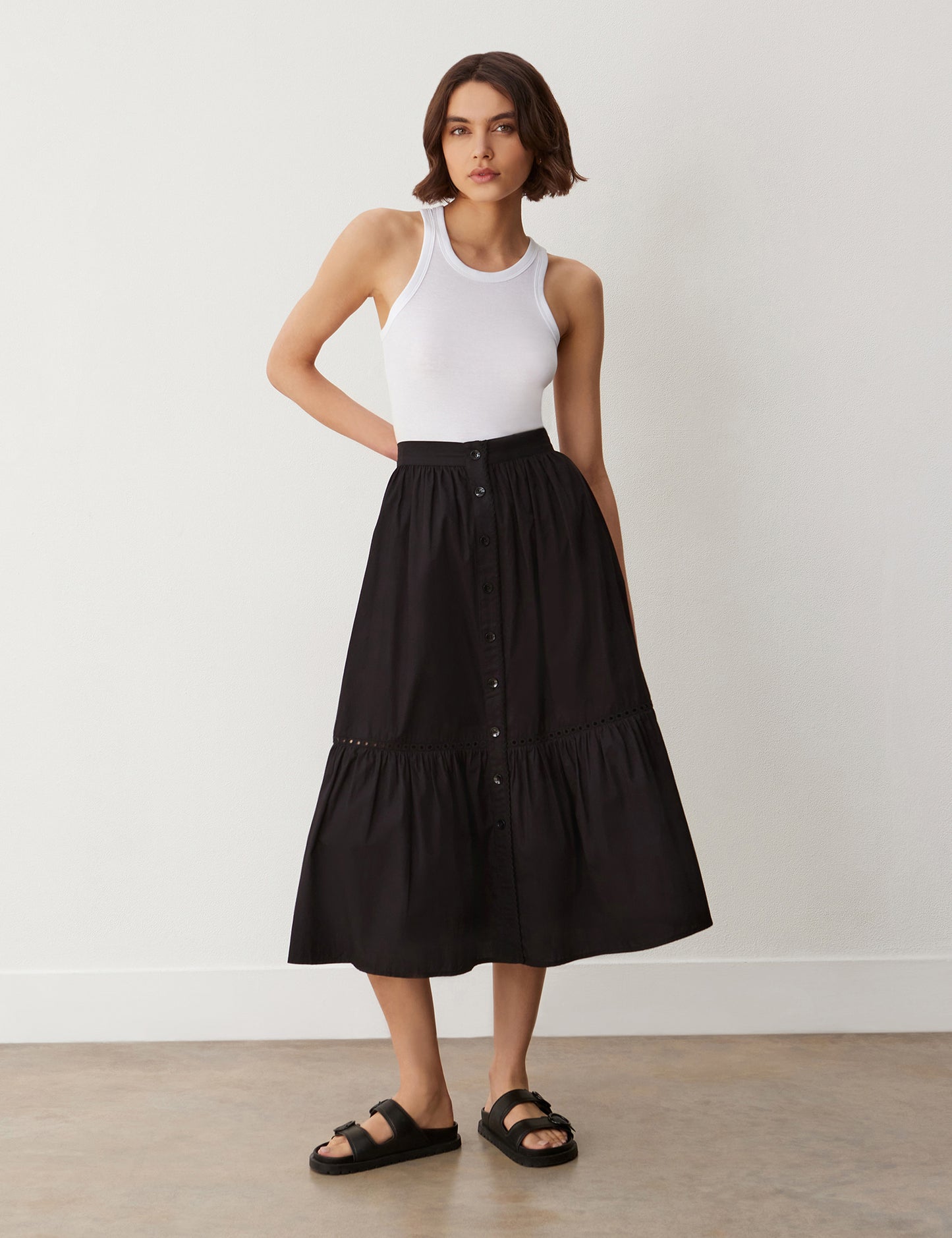 Maura Black Cotton Midi Skirt