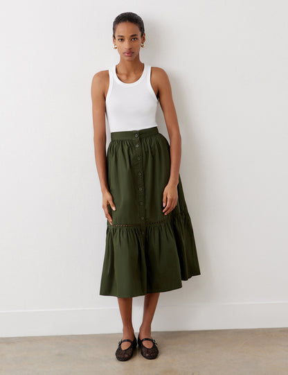 Maura Khaki Cotton Midi Skirt